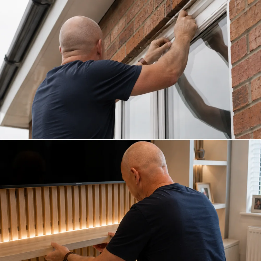 Martin at work — fitting a window and installing a media wall